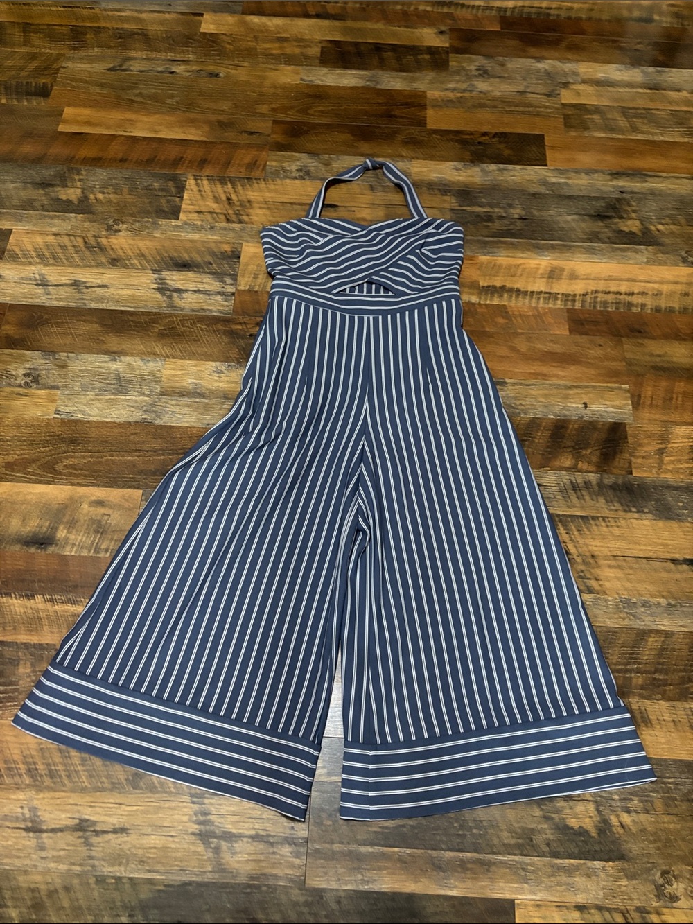 Leith Navy and White Striped Halter One-Piece Jumpsuit